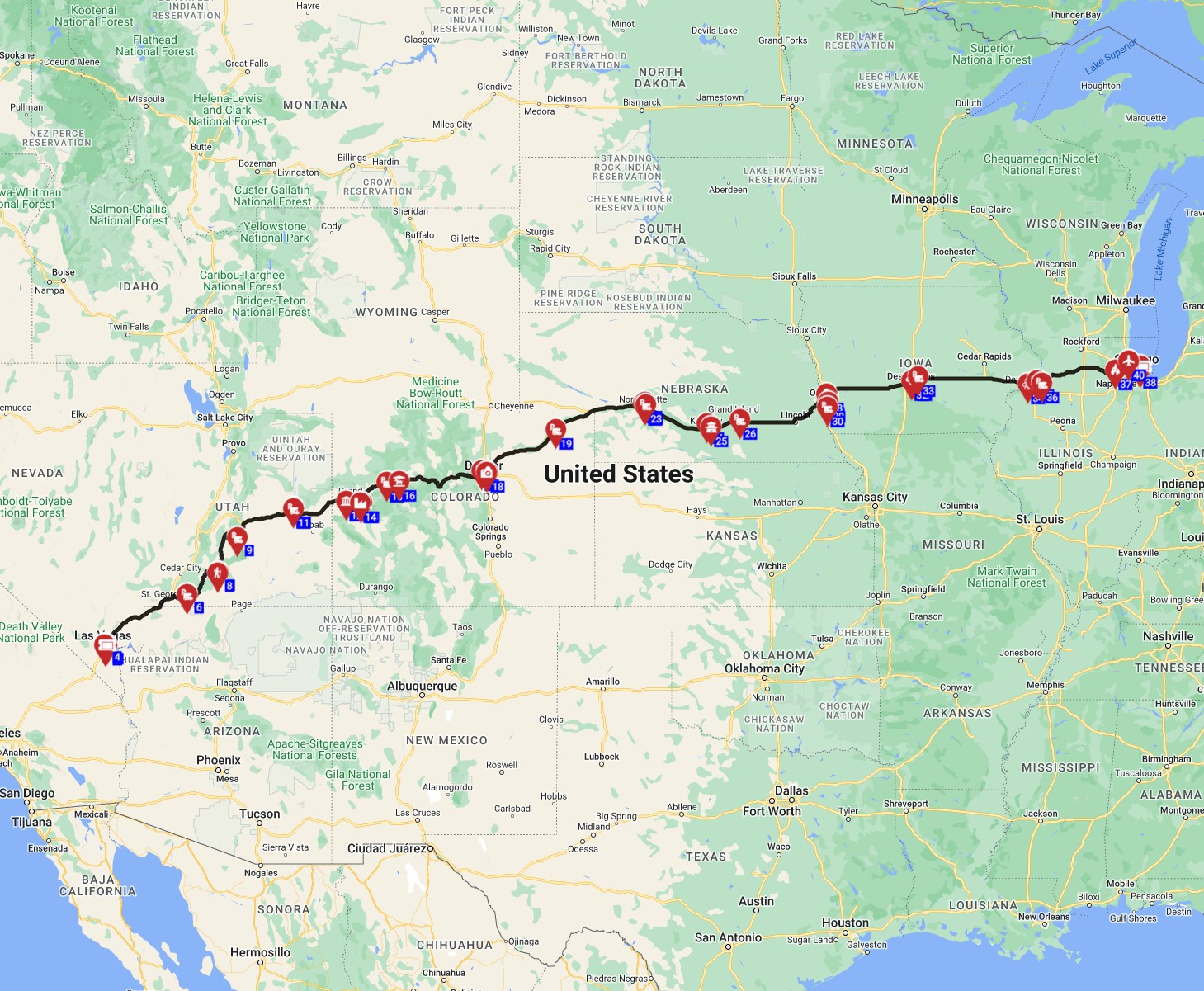 USA RV trip route from Las Vegas to Chicago motorhome route planner